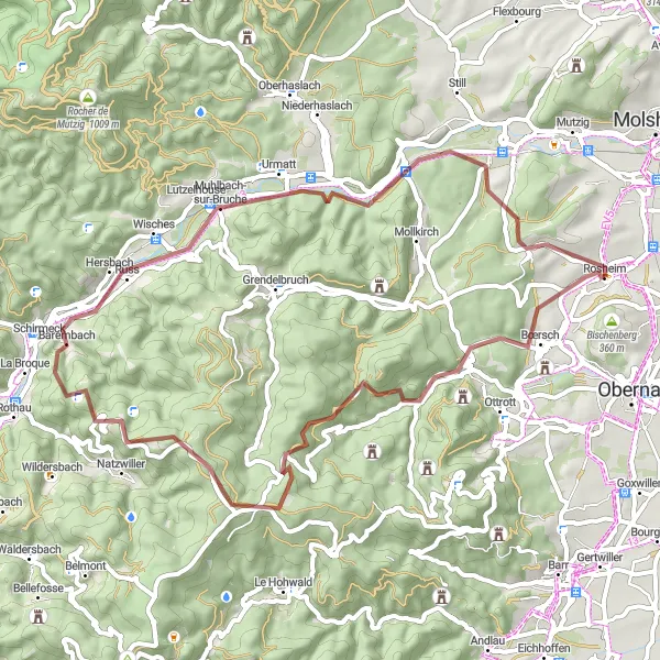 Map miniature of "Forests and Peaks Gravel Loop" cycling inspiration in Alsace, France. Generated by Tarmacs.app cycling route planner