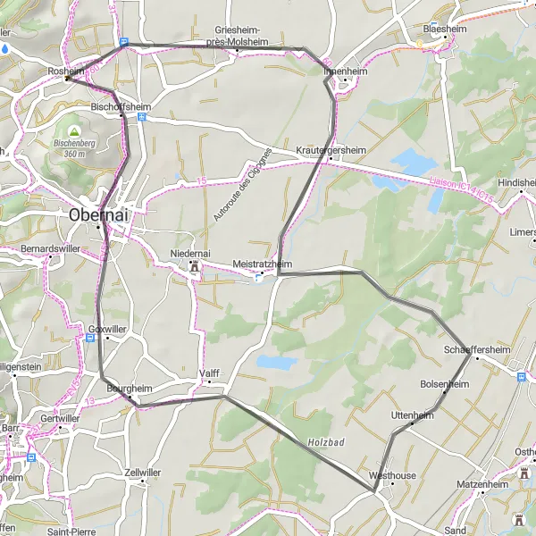 Miniature de la carte de l'inspiration cycliste "Parcours Pittoresque en Alsace" dans la Alsace, France. Générée par le planificateur d'itinéraire cycliste Tarmacs.app