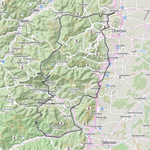 Map miniature of "Panoramic Views and Challenging Climbs Road Adventure" cycling inspiration in Alsace, France. Generated by Tarmacs.app cycling route planner