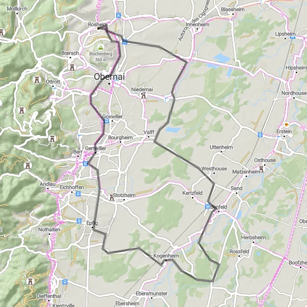 Map miniature of "Vineyards and Villages Road Tour" cycling inspiration in Alsace, France. Generated by Tarmacs.app cycling route planner