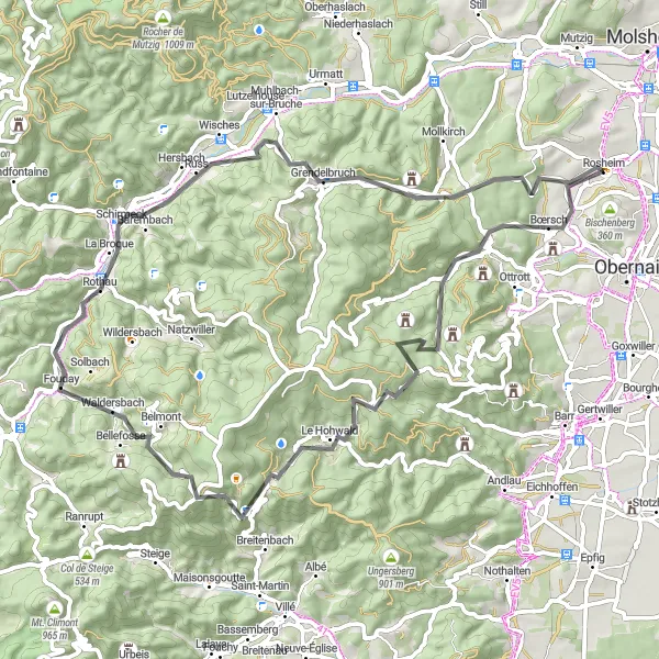 Map miniature of "Hohwald Adventure" cycling inspiration in Alsace, France. Generated by Tarmacs.app cycling route planner