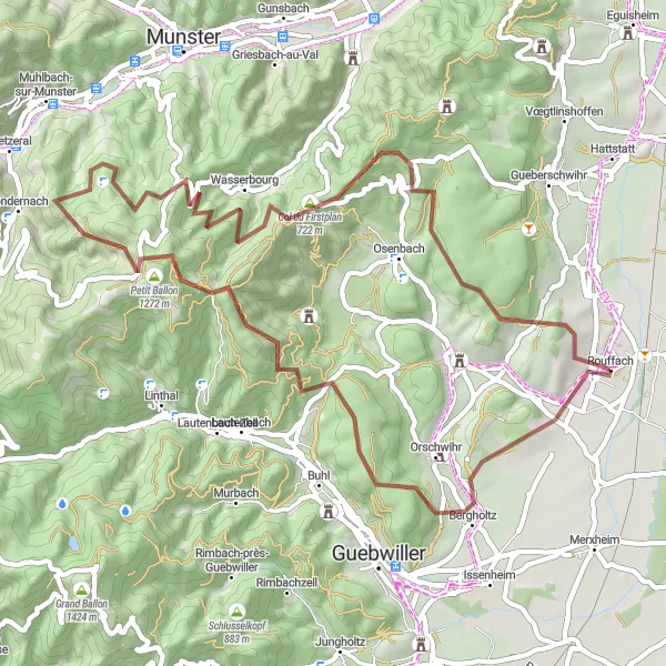 Map miniature of "The Gravel Adventure of Bergholtz and Wasserbourg" cycling inspiration in Alsace, France. Generated by Tarmacs.app cycling route planner