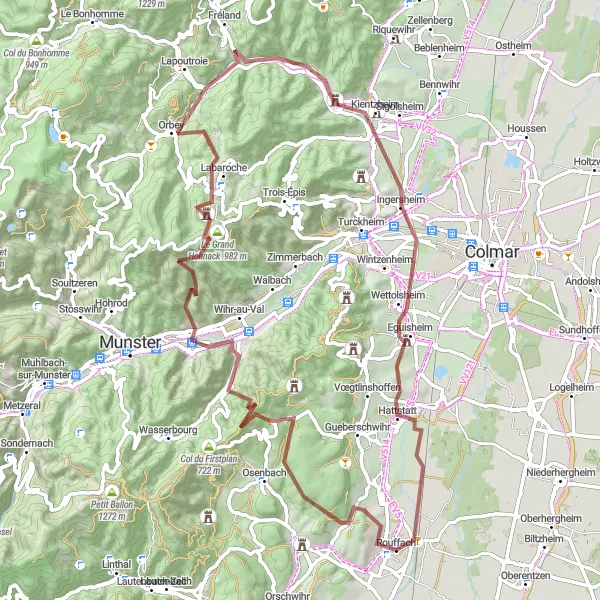 Map miniature of "The Gravel Adventure of Osenbuhr and Eguisheim" cycling inspiration in Alsace, France. Generated by Tarmacs.app cycling route planner