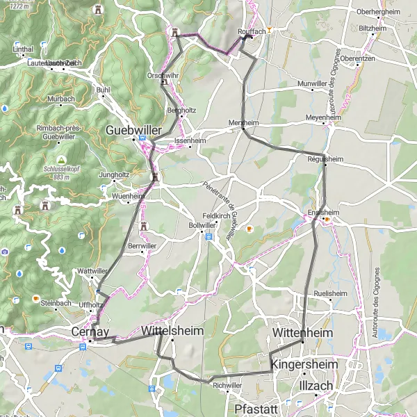 Miniature de la carte de l'inspiration cycliste "Les routes pittoresques d'Alsace" dans la Alsace, France. Générée par le planificateur d'itinéraire cycliste Tarmacs.app