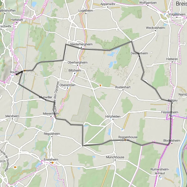 Map miniature of "The Hills of Rouffach" cycling inspiration in Alsace, France. Generated by Tarmacs.app cycling route planner