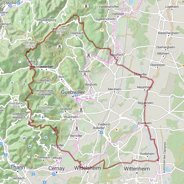 Miniature de la carte de l'inspiration cycliste "Aventure dans les Vosges" dans la Alsace, France. Générée par le planificateur d'itinéraire cycliste Tarmacs.app