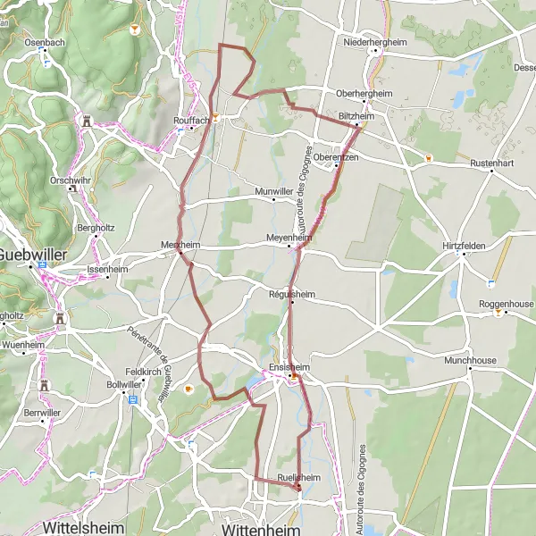 Miniature de la carte de l'inspiration cycliste "La boucle de Ruelisheim" dans la Alsace, France. Générée par le planificateur d'itinéraire cycliste Tarmacs.app