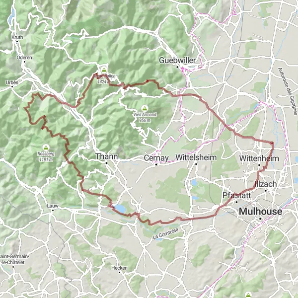 Miniature de la carte de l'inspiration cycliste "Expédition dans les Vosges Alsaciennes" dans la Alsace, France. Générée par le planificateur d'itinéraire cycliste Tarmacs.app
