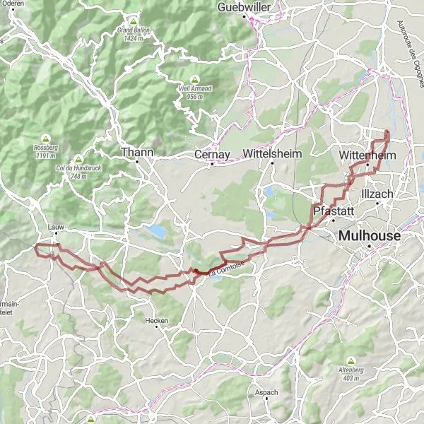 Miniature de la carte de l'inspiration cycliste "Escapade Nature dans le Sundgau" dans la Alsace, France. Générée par le planificateur d'itinéraire cycliste Tarmacs.app