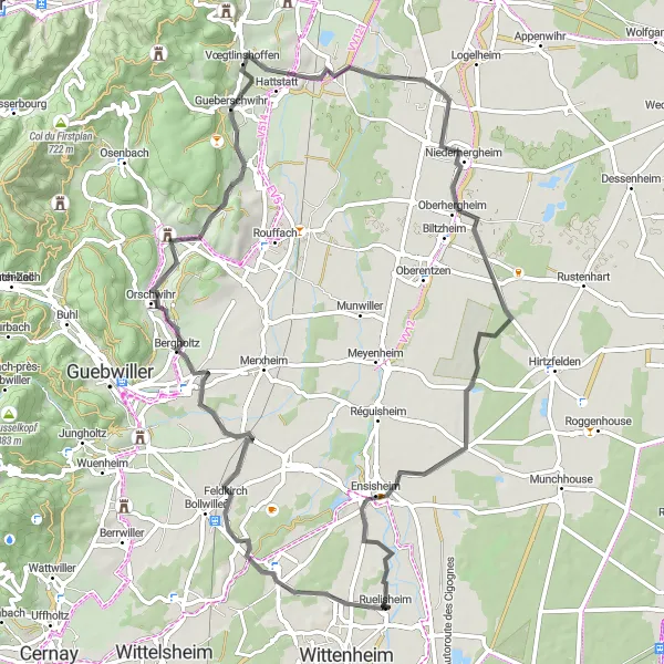 Miniature de la carte de l'inspiration cycliste "Escapade à travers les vignobles" dans la Alsace, France. Générée par le planificateur d'itinéraire cycliste Tarmacs.app