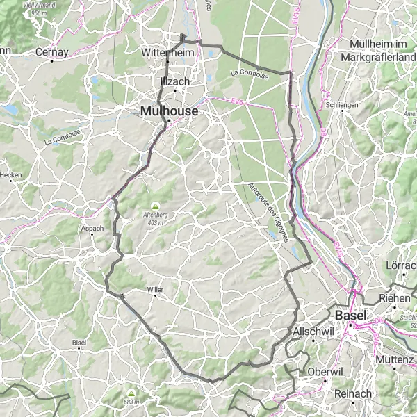Miniature de la carte de l'inspiration cycliste "Circuit des Vallées Alsaciennes" dans la Alsace, France. Générée par le planificateur d'itinéraire cycliste Tarmacs.app