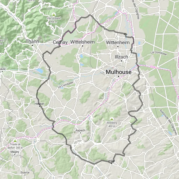 Miniature de la carte de l'inspiration cycliste "Route des 7 villages" dans la Alsace, France. Générée par le planificateur d'itinéraire cycliste Tarmacs.app