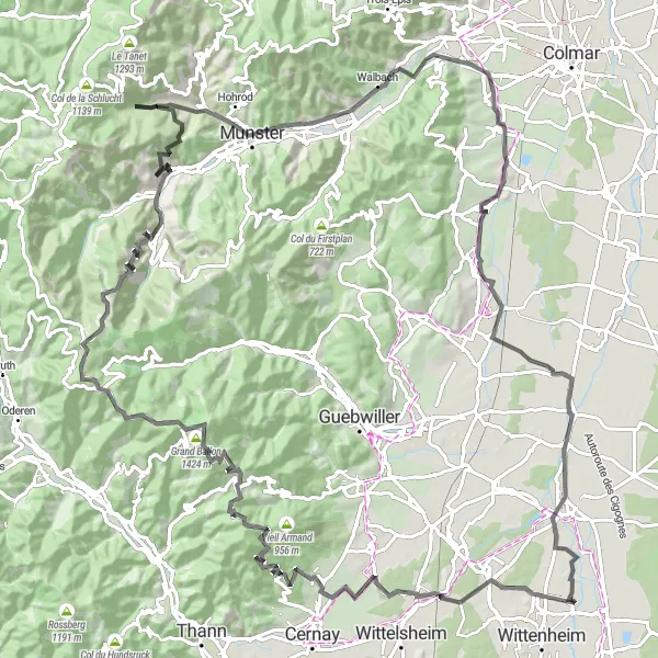 Miniature de la carte de l'inspiration cycliste "Parcours du Grand Ballon" dans la Alsace, France. Générée par le planificateur d'itinéraire cycliste Tarmacs.app