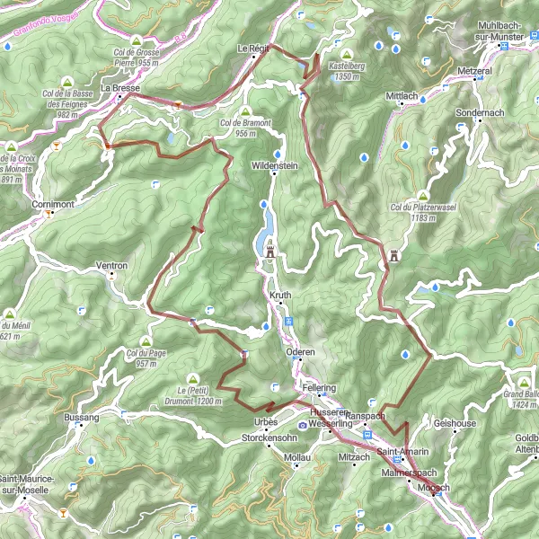Map miniature of "Serene Gravel Escape: Grand Drumont and La Bresse" cycling inspiration in Alsace, France. Generated by Tarmacs.app cycling route planner