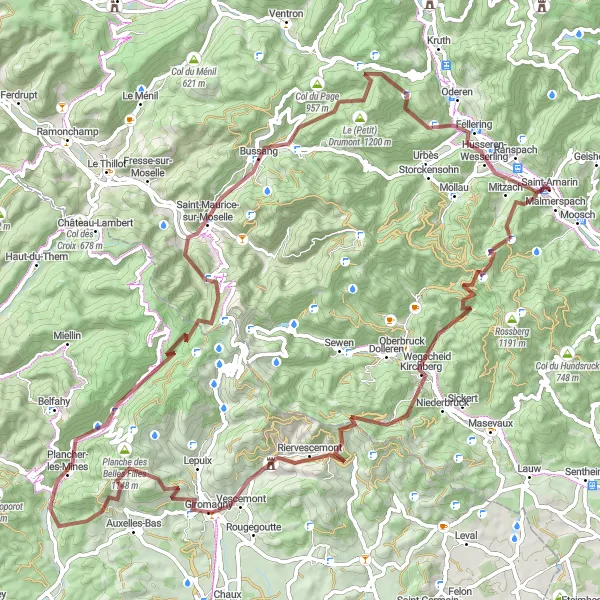 Miniature de la carte de l'inspiration cycliste "Les Montagnes des Vosges en Gravel" dans la Alsace, France. Générée par le planificateur d'itinéraire cycliste Tarmacs.app