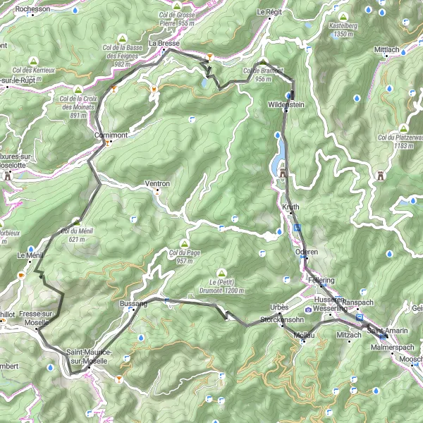 Miniature de la carte de l'inspiration cycliste "Les Sept Cols d'Alsace" dans la Alsace, France. Générée par le planificateur d'itinéraire cycliste Tarmacs.app