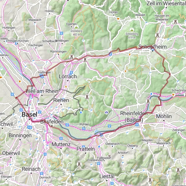 Map miniature of "The Borderlands Escape" cycling inspiration in Alsace, France. Generated by Tarmacs.app cycling route planner