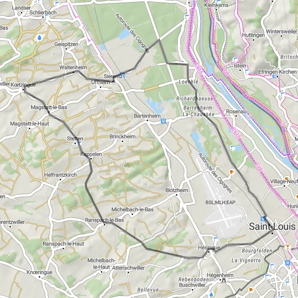 Map miniature of "A scenic road cycling route to Ranspach-le-Bas from Saint-Louis" cycling inspiration in Alsace, France. Generated by Tarmacs.app cycling route planner