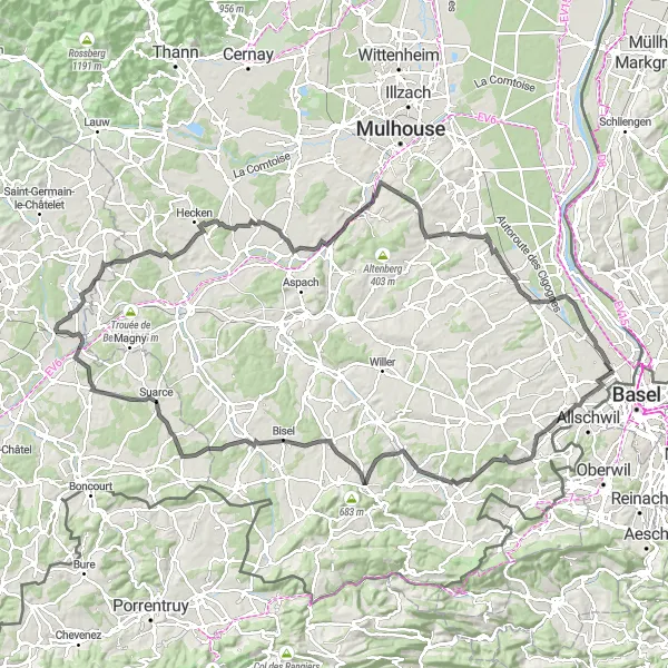 Map miniature of "Round-trip from Saint-Louis to Buschwiller and back" cycling inspiration in Alsace, France. Generated by Tarmacs.app cycling route planner