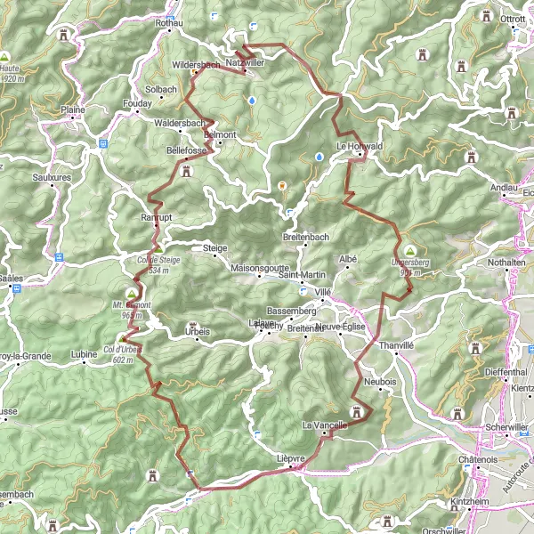 Map miniature of "Gravel Exploration: Discovering the Vosges" cycling inspiration in Alsace, France. Generated by Tarmacs.app cycling route planner