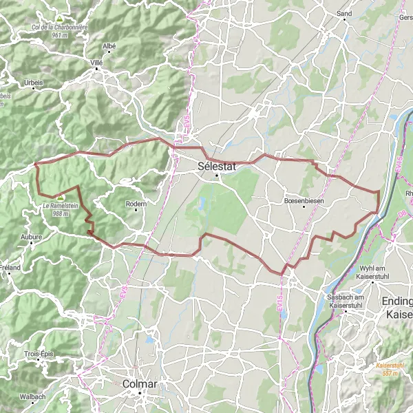 Map miniature of "Gravel Route from Sainte-Croix-aux-Mines" cycling inspiration in Alsace, France. Generated by Tarmacs.app cycling route planner