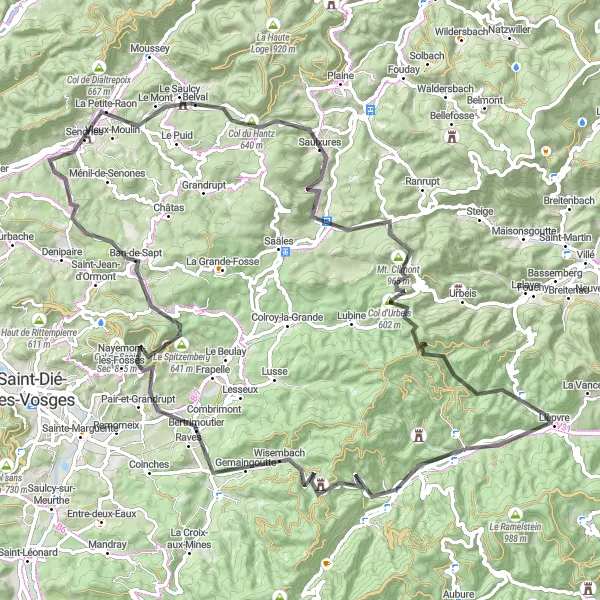 Map miniature of "The Vosges Loop: Nature and History" cycling inspiration in Alsace, France. Generated by Tarmacs.app cycling route planner