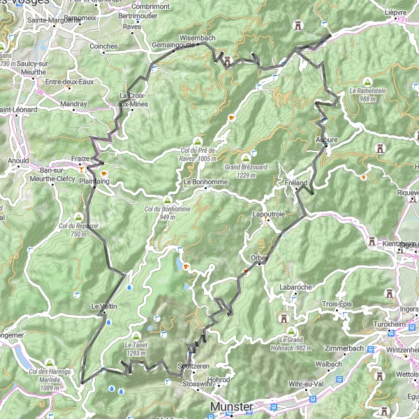 Map miniature of "The Ultimate Vosges Challenge" cycling inspiration in Alsace, France. Generated by Tarmacs.app cycling route planner