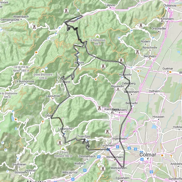 Map miniature of "Alsace Road Cycling Excursion" cycling inspiration in Alsace, France. Generated by Tarmacs.app cycling route planner