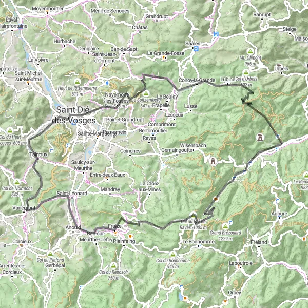 Map miniature of "The Vosges Historic Route" cycling inspiration in Alsace, France. Generated by Tarmacs.app cycling route planner