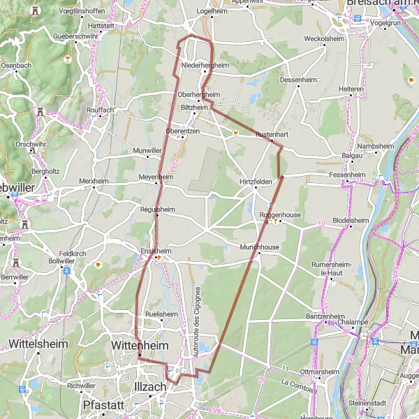 Miniature de la carte de l'inspiration cycliste "Les routes secrètes du Haut-Rhin" dans la Alsace, France. Générée par le planificateur d'itinéraire cycliste Tarmacs.app