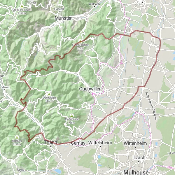 Map miniature of "Gravel Expedition in the Vosges" cycling inspiration in Alsace, France. Generated by Tarmacs.app cycling route planner