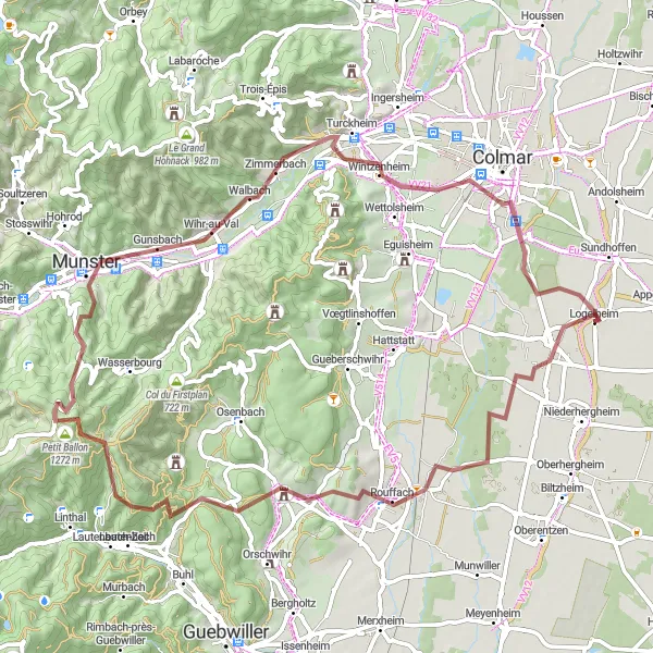 Miniature de la carte de l'inspiration cycliste "Boucle VTT Aventure près de Sainte-Croix-en-Plaine" dans la Alsace, France. Générée par le planificateur d'itinéraire cycliste Tarmacs.app
