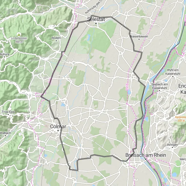 Map miniature of "Route through Colmar and Neuf-Brisach" cycling inspiration in Alsace, France. Generated by Tarmacs.app cycling route planner