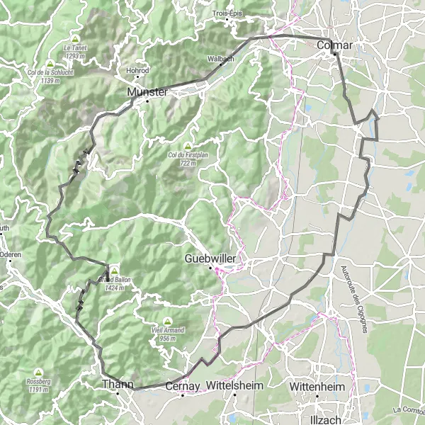 Map miniature of "Vineyards and Mountain Passes" cycling inspiration in Alsace, France. Generated by Tarmacs.app cycling route planner