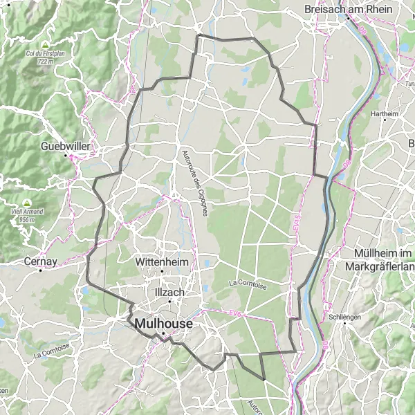 Map miniature of "Challenging road ride through Mulhouse and Rouffach" cycling inspiration in Alsace, France. Generated by Tarmacs.app cycling route planner