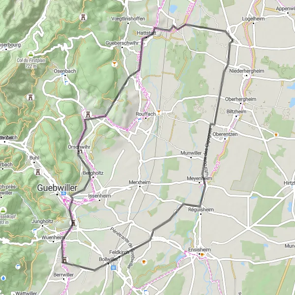 Map miniature of "Road Route from Sainte-Croix-en-Plaine" cycling inspiration in Alsace, France. Generated by Tarmacs.app cycling route planner