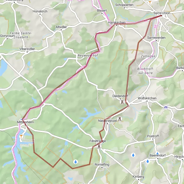 Miniature de la carte de l'inspiration cycliste "Aventure cyclable à Harskirchen et Mittersheim" dans la Alsace, France. Générée par le planificateur d'itinéraire cycliste Tarmacs.app
