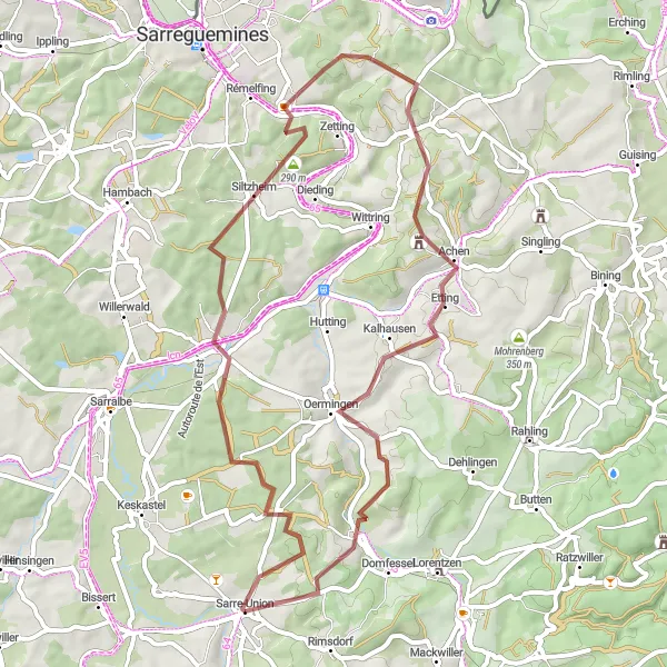 Miniature de la carte de l'inspiration cycliste "Boucle d'Oermingen et Vœllerdingen" dans la Alsace, France. Générée par le planificateur d'itinéraire cycliste Tarmacs.app