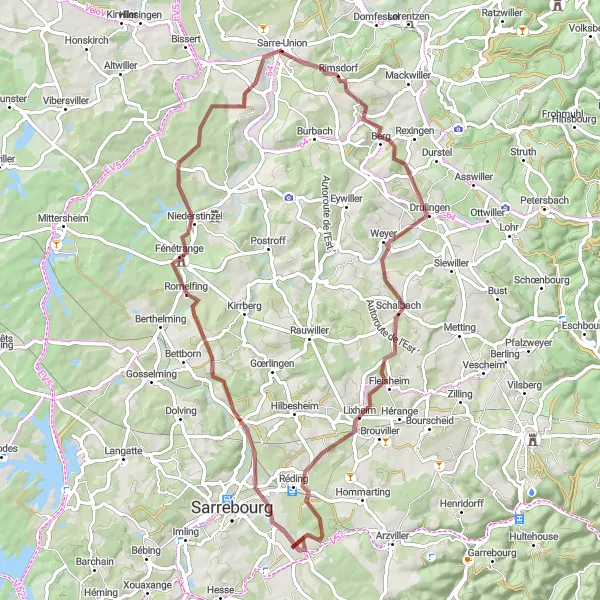 Miniature de la carte de l'inspiration cycliste "Parcours gravel à travers les villages de Réding et Romelfing" dans la Alsace, France. Générée par le planificateur d'itinéraire cycliste Tarmacs.app