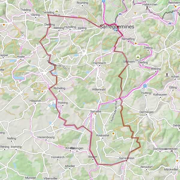Miniature de la carte de l'inspiration cycliste "Parcours gravel entre Bissert et Herbitzheim" dans la Alsace, France. Générée par le planificateur d'itinéraire cycliste Tarmacs.app