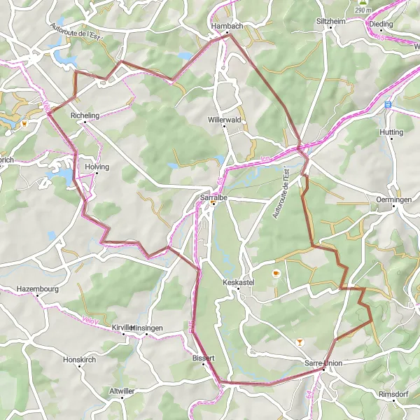 Map miniature of "Gravel Adventure in North Alsace" cycling inspiration in Alsace, France. Generated by Tarmacs.app cycling route planner