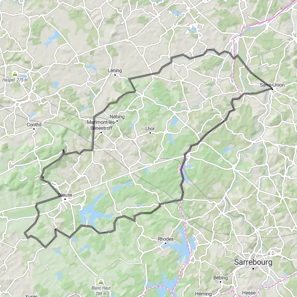 Map miniature of "The Sarre-Union Adventure" cycling inspiration in Alsace, France. Generated by Tarmacs.app cycling route planner