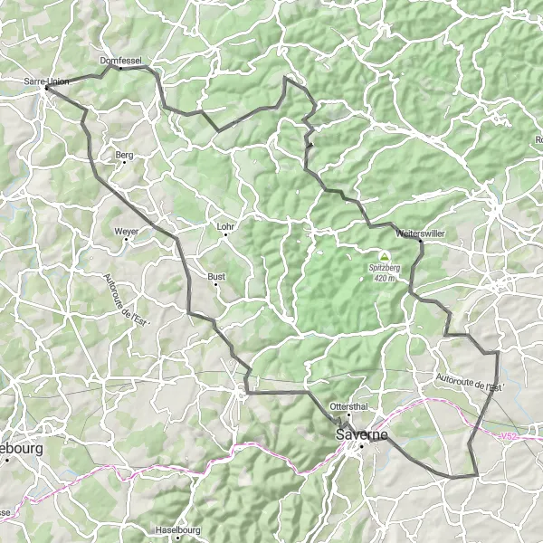 Miniature de la carte de l'inspiration cycliste "Défi cycliste entre Col de Puberg et Rimsdorf" dans la Alsace, France. Générée par le planificateur d'itinéraire cycliste Tarmacs.app