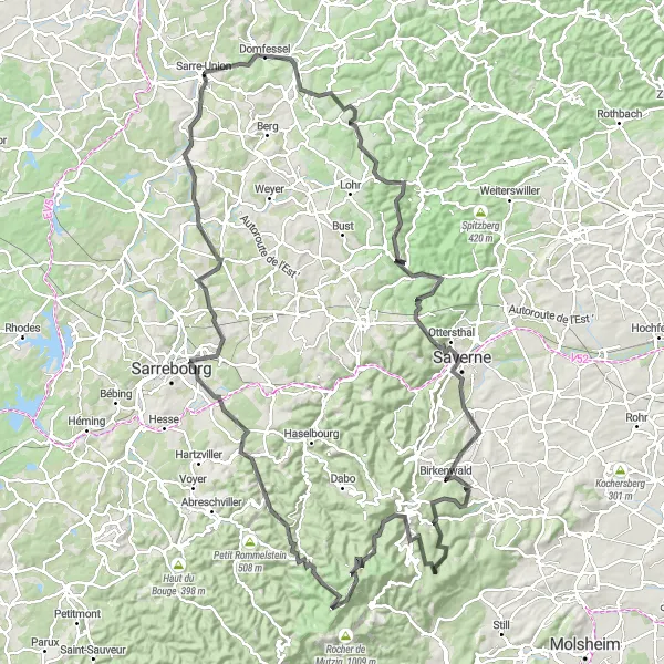 Miniature de la carte de l'inspiration cycliste "Tour du Rocher Blanc et Saverne" dans la Alsace, France. Générée par le planificateur d'itinéraire cycliste Tarmacs.app