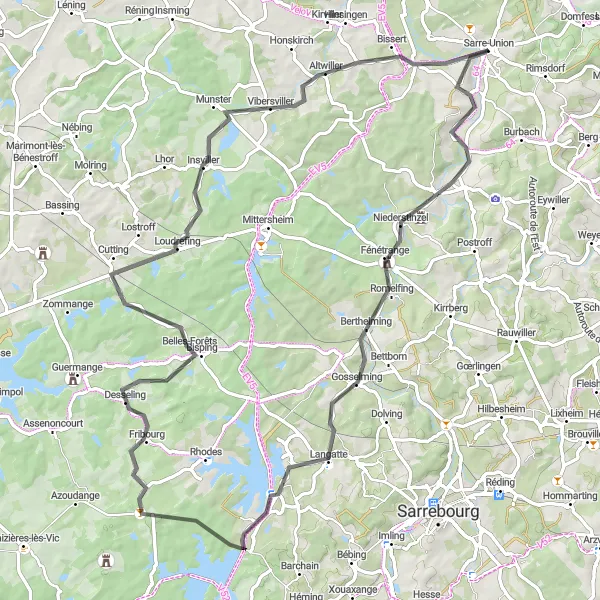 Miniature de la carte de l'inspiration cycliste "La boucle de Sarre-Union à travers Sarrewerden" dans la Alsace, France. Générée par le planificateur d'itinéraire cycliste Tarmacs.app