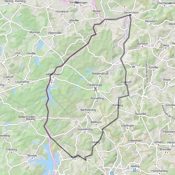 Map miniature of "The Valleys and Villages of Alsace" cycling inspiration in Alsace, France. Generated by Tarmacs.app cycling route planner