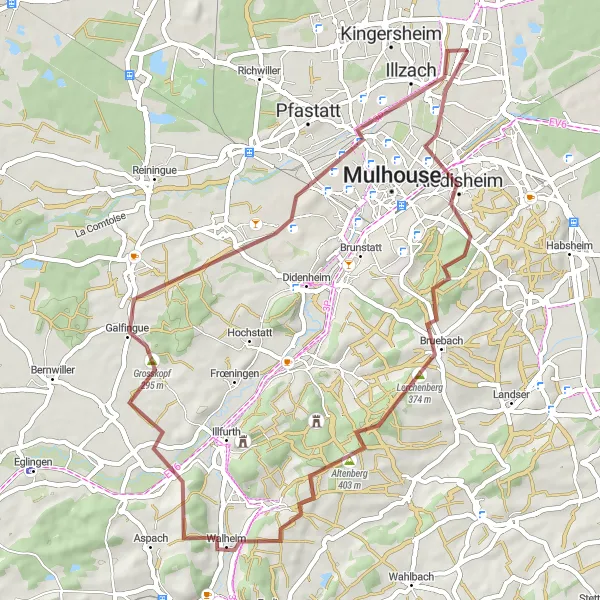 Map miniature of "Riedisheim - Illzach Gravel Loop" cycling inspiration in Alsace, France. Generated by Tarmacs.app cycling route planner