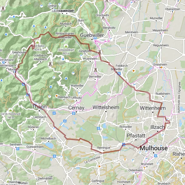 Miniature de la carte de l'inspiration cycliste "Défi gravel au cœur des Vosges" dans la Alsace, France. Générée par le planificateur d'itinéraire cycliste Tarmacs.app