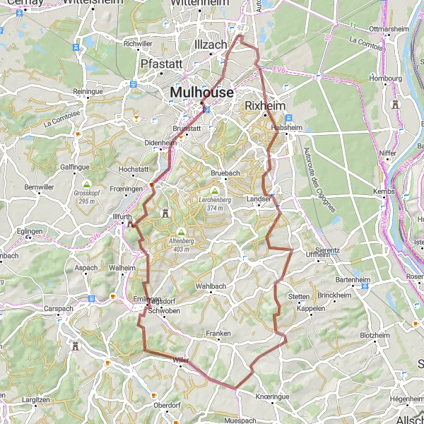 Map miniature of "Habsheim - Brunstatt Gravel Loop" cycling inspiration in Alsace, France. Generated by Tarmacs.app cycling route planner