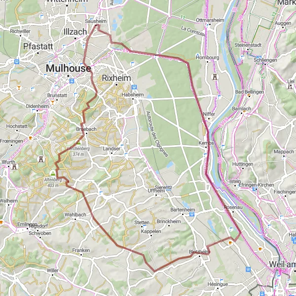 Map miniature of "The Southern Challenge" cycling inspiration in Alsace, France. Generated by Tarmacs.app cycling route planner